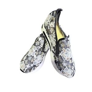 Unbranded Floral Mesh Platform Sneakers Womens 44 Black White Gold Slip On Wedge